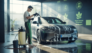 Formation certifiante en lavage automobile écologique et technique, illustrant un professionnel nettoyant soigneusement une voiture avec des produits durables