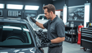 Un poseur professionnel appliquant un film de protection PPF transparent sur la carrosserie d'une voiture moderne dans un atelier automobile lumineux et propre