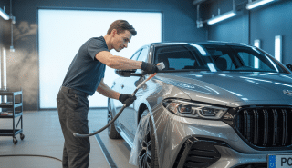 Installation professionnelle de film de protection de peinture (PPF) sur une carrosserie de voiture neuve, avec outils spécifiques et étapes techniques détaillées