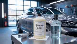 Bouteille de savon pH neutre transparente à côté d'une voiture à carrosserie brillante avec film de protection de peinture appliqué, dans un atelier lumineux et professionnel