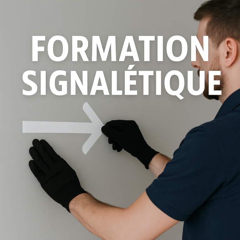 Technicien posant un film signalétique adhésif en forme de flèche sur un mur