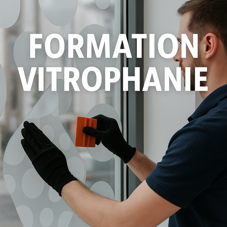 Technicien posant un film adhésif décoratif de vitrophanie sur une vitrine en verre