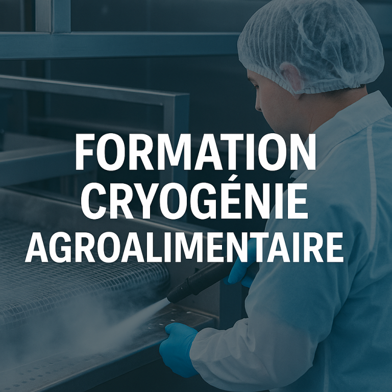 Technicien agroalimentaire appliquant un nettoyage cryogénique sur une ligne de production en acier inoxydable