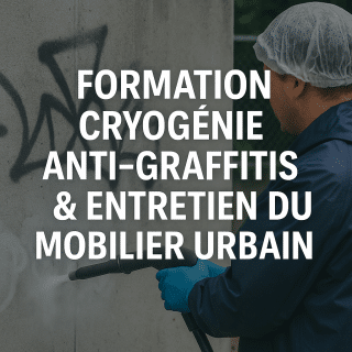 Technicien utilisant le nettoyage cryogénique pour supprimer un graffiti sur un mur de mobilier urbain