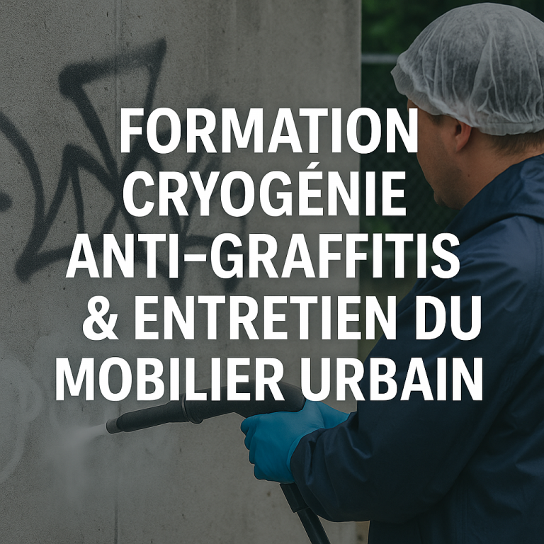 Technicien utilisant le nettoyage cryogénique pour supprimer un graffiti sur un mur de mobilier urbain