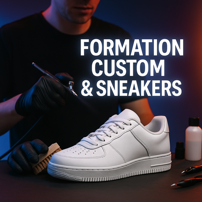 Artisan utilisant un aérographe et des outils de nettoyage pour personnaliser et restaurer une sneaker blanche dans un atelier professionnel