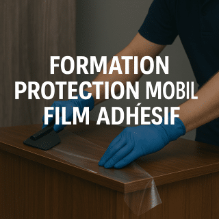 Technicien appliquant un film adhésif protecteur sur une surface de mobilier en bois