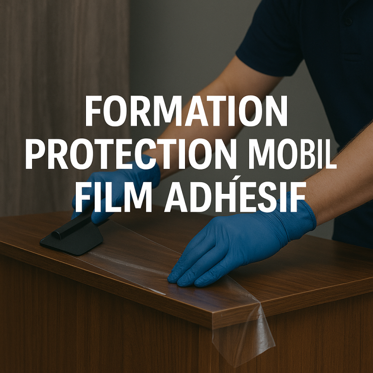 Technicien appliquant un film adhésif protecteur sur une surface de mobilier en bois