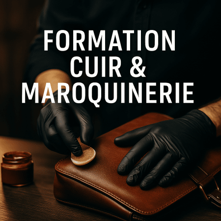 Artisan appliquant un produit rénovateur sur une sacoche en cuir dans un atelier professionnel