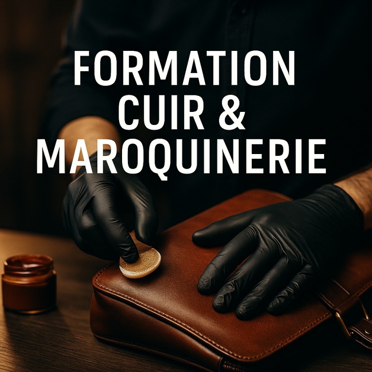 Artisan appliquant un produit rénovateur sur une sacoche en cuir dans un atelier professionnel